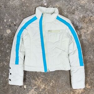 White Blue Asymmetrical Track Puffer Jacket